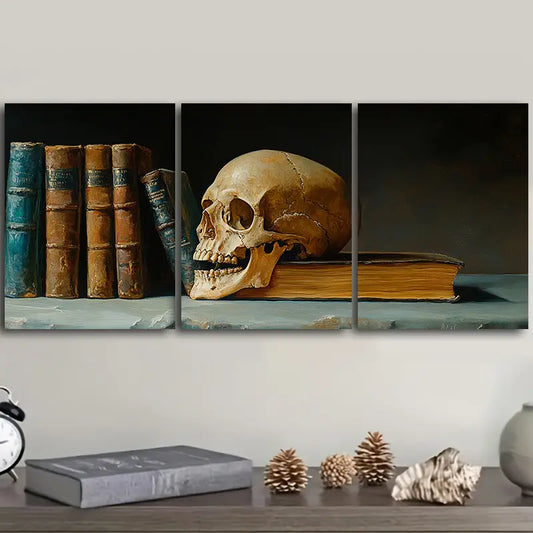 3pcs Skeletons and books on the table Metal Print Ready to Hang Art