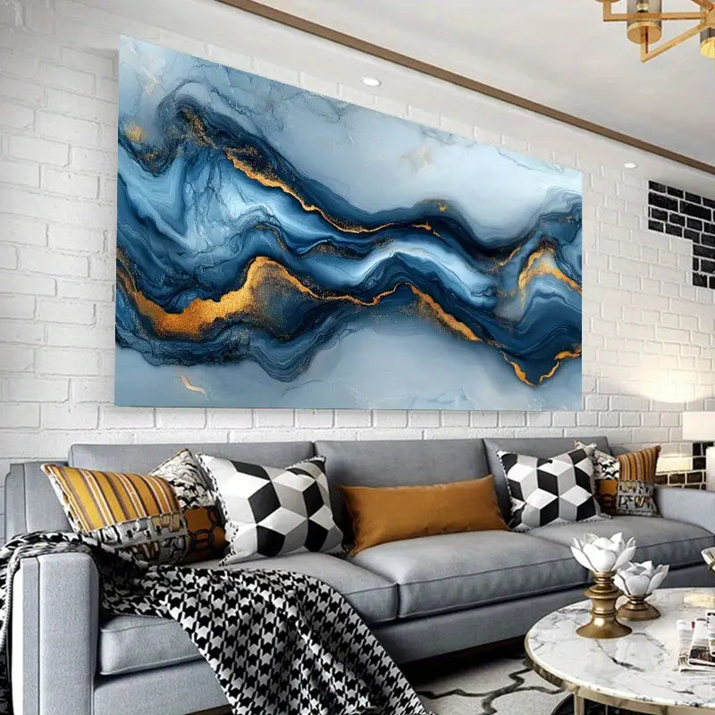 Blue and Golden Fluid Abstract Wall Art wall canvas office home room framed 120x60cm
