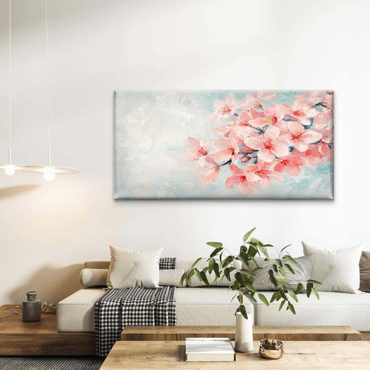 Soft Pink Cherry Blossom Floral Wall Art Canvas Office Home Room Framed 80x45cm