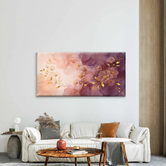 Golden Floral Line Art Watercolor Blush Plum Pink Wall Art Canvas Office Home Room Framed 80x45cm