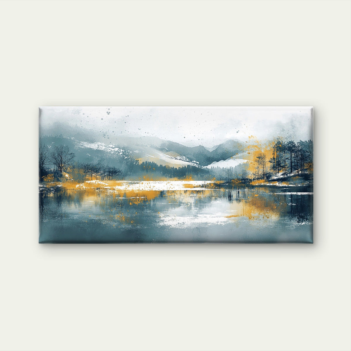 Mountain Lake Blue Grey Yellow Wall Art Canvas Office Home Room Framed 80x45cm