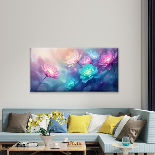 Glowing Lotus Flowers Abstract Wall Art Canvas Office Home Room Framed 80x45cm