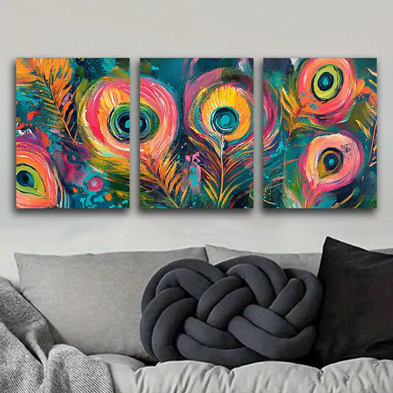 3pcs Peacock Feather Design Metal Print Ready to Hang Art