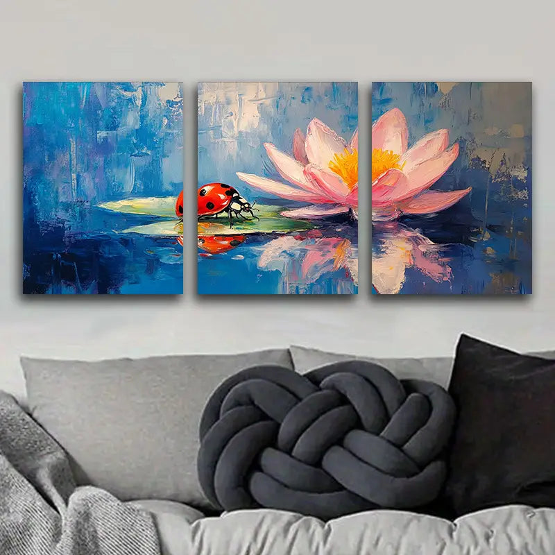 3pcs Ladybug & Water Lily Painting Metal Print Ready to Hang Art