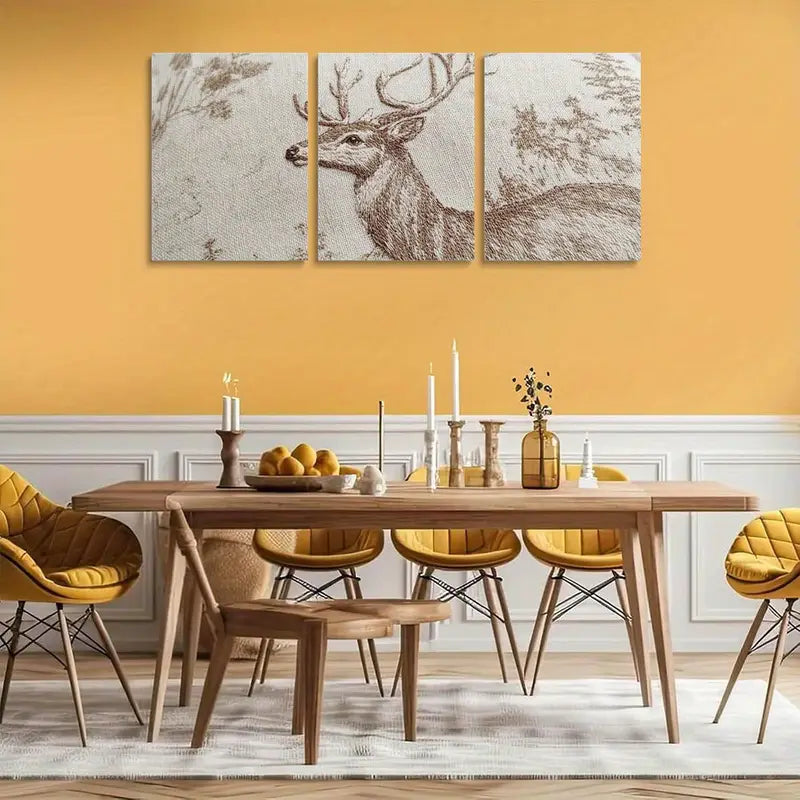 3pcs Beige Glitter Deer Brown Line Design Metal Print Ready to Hang Art