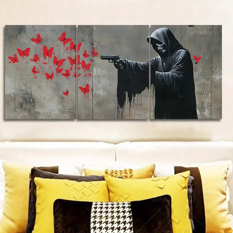 3pcs Death Shooting Red Butterflies Metal Print Ready to Hang Art