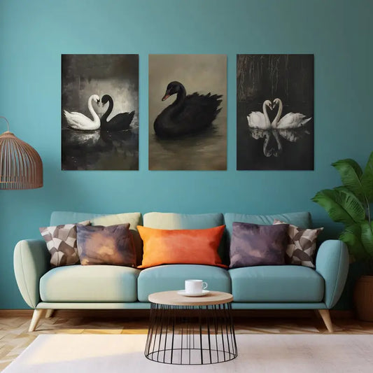 3pcs Romantic Black & White Swan Illustrations, Nature Metal Print Ready to Hang Art