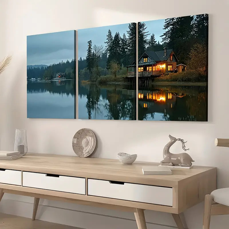 3pcs Modern Wind Natural Forest Wooden House Landscape Art Wall Art Set Canvas Framed 40x60cm - High Quality Print 100% Australian Made Wall Canvas Ready to Hang
