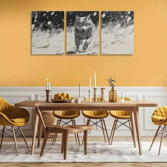 3pcs Running Wolf in Snow Black & White Metal Print Ready to Hang Art