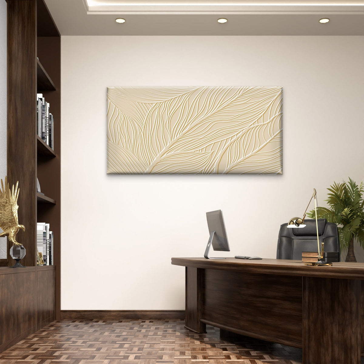 Abstract Beige Cream Embossed Leaf Wall Art Canvas Office Home Framed 80x45cm