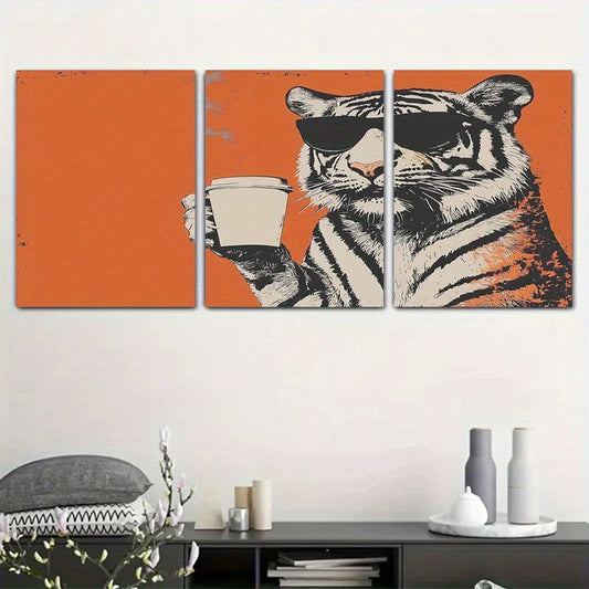 3pcs Cool Tiger Coffee Time Vintage Classic Design Metal Print Ready to Hang Art