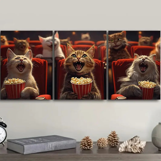 3pcs Whimsical Kitten Movie Night Metal Print Ready to Hang Art
