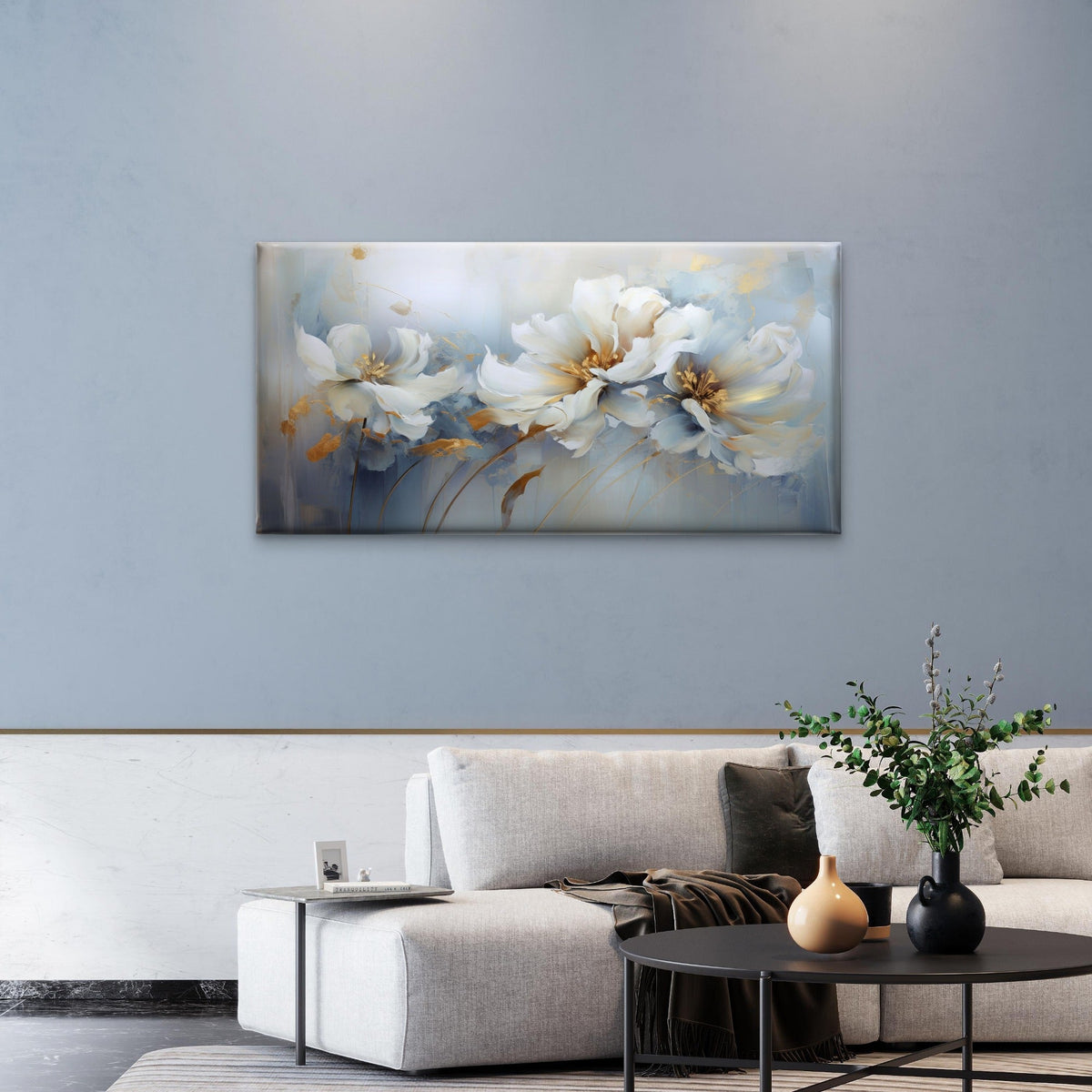 White Floral Gold Painting Wall Art Canvas Office Home Room Framed 120x60cm