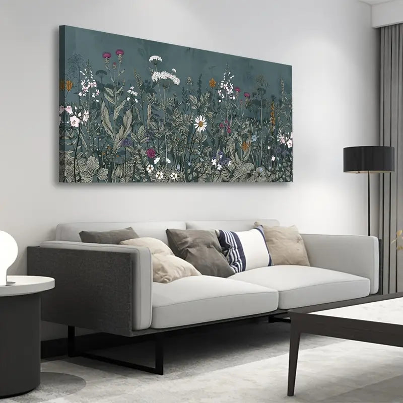 Botanical Dusty Blue Meadow Nature Wall Art canvas office home room framed 120x60cm