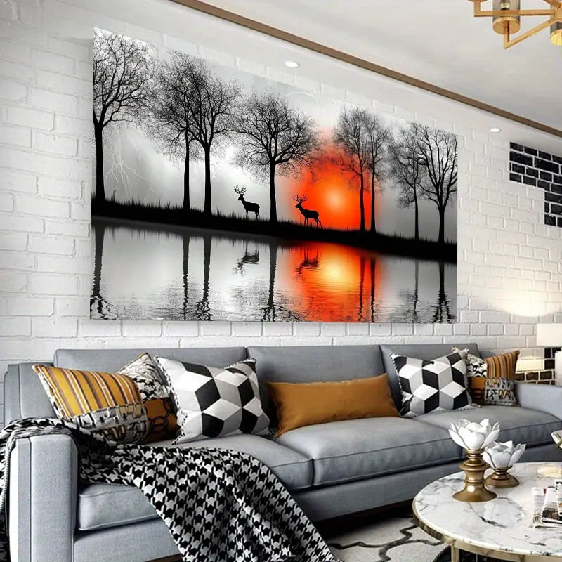 Deer by the Lake at Sunset with Misty Trees & Silhouettes Wall Art wall canvas office home room framed 120x60cm