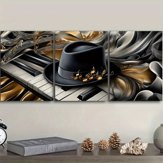 3pcs Piano and Hat Design Metal Print Ready to Hang Art