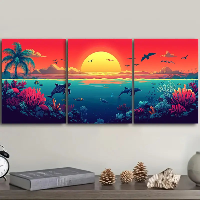 3pcs Sunset Over the Ocean Metal Print Ready to Hang Art