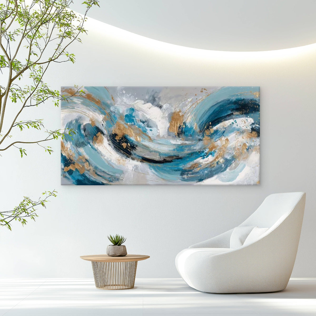 Blue Golden Turquoise Waves Wall Art Canvas Office Home Room Framed 120x60cm