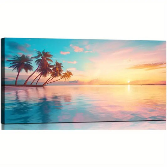 Beach Vintage Decor Ocean Trees Sunset Wall Art canvas office home room framed 80x45cm