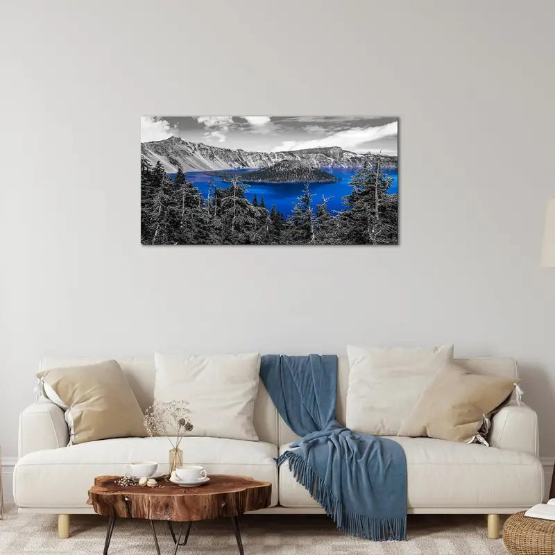 Black and White Blue Volcano Lake Wall Art canvas office home room framed 120x60cm