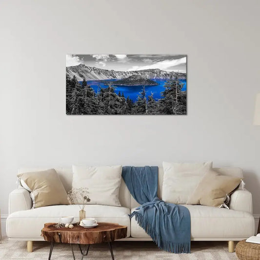 Black and White Blue Volcano Lake Wall Art canvas office home room framed 120x60cm