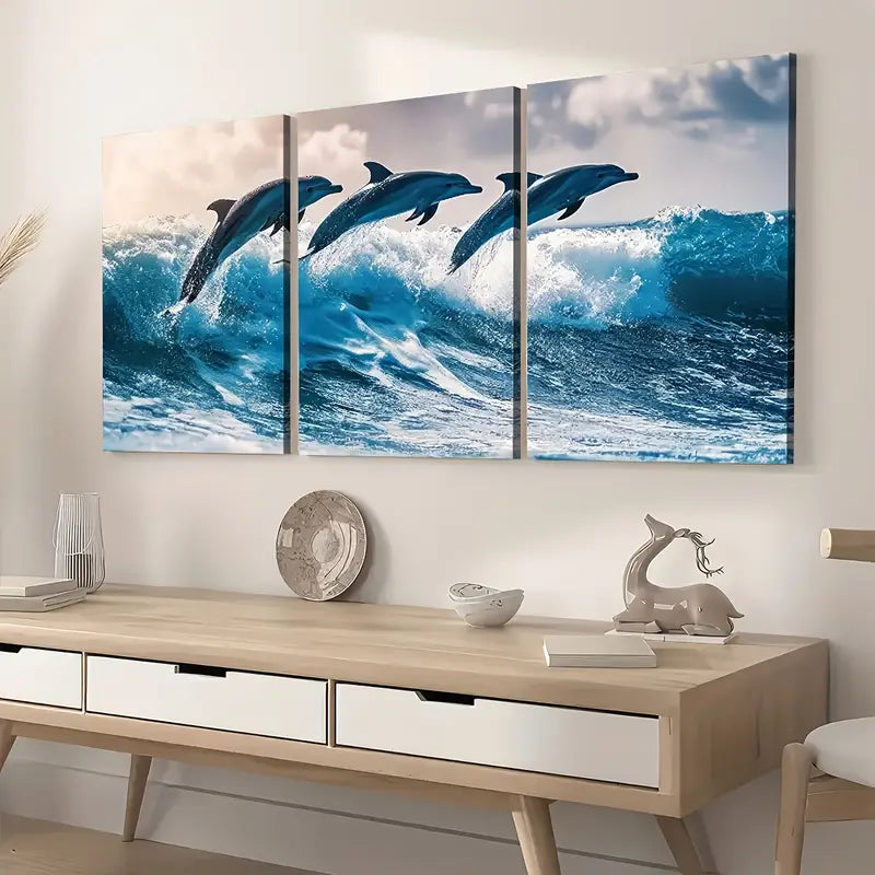 3pcs  Modern Style Ocean Wave Dolphin Animal Landscape Art  Wall Art Set Canvas Framed 40x60cm - High Quality Print 100% Australian Made Wall Canvas Ready to Hang