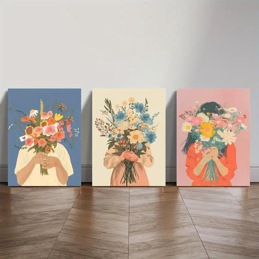 3pcs Beautiful Blooming Girl Holding Flowers Metal Print Ready to Hang Art