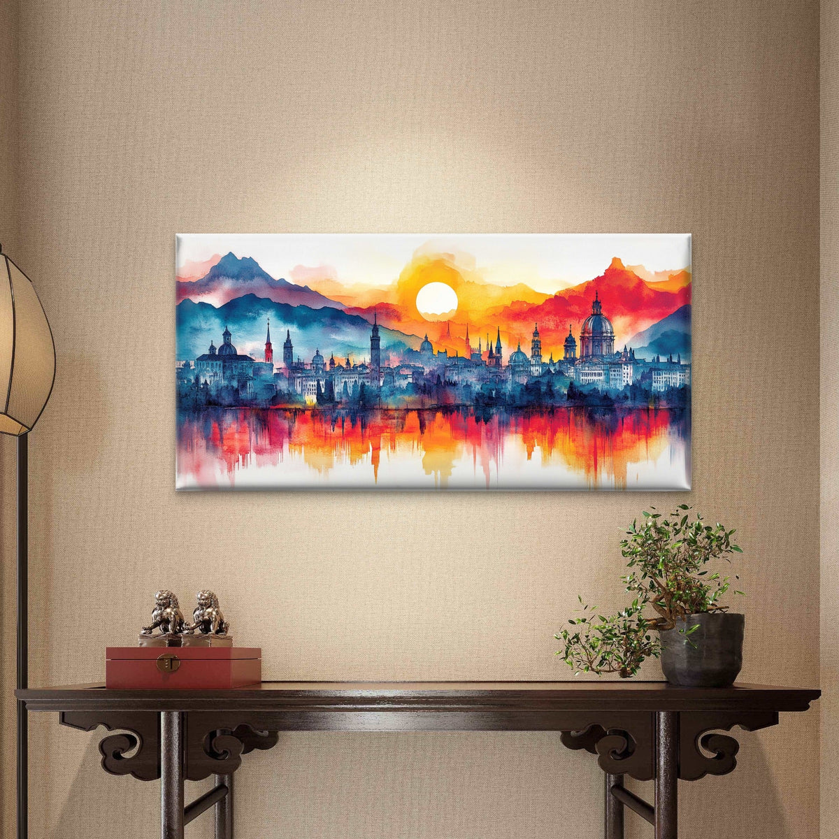 Vibrant Skyline, Burning Sunset Wall Art Canvas Office Home Room Framed 120x60cm