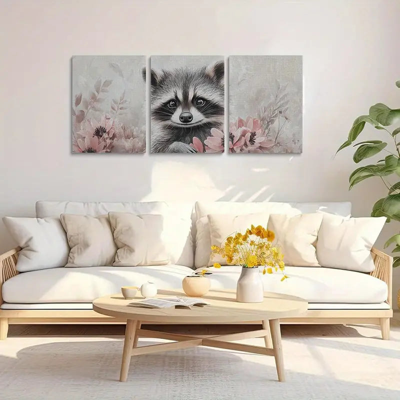 3pcs Cute raccoon surrounded by pink flowers Metal Print Ready to Hang Art