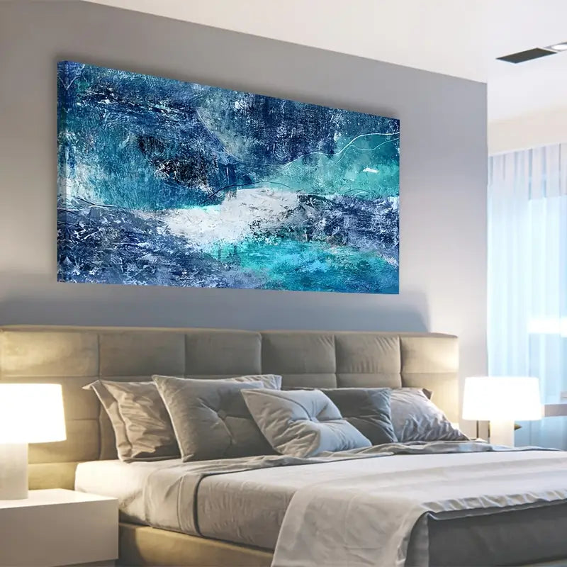 Blue Abstract Ocean Turbulent Waves Design Wall Art canvas office home room framed 120x60cm