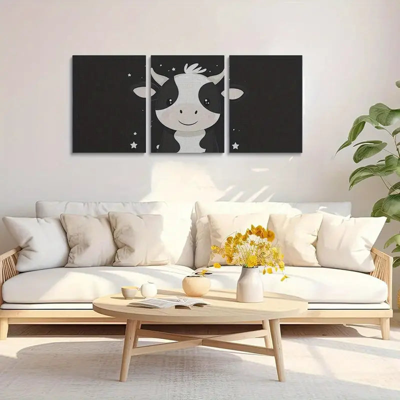 3pcs Cow Cute Cartoon Black & White Design Metal Print Ready to Hang Art