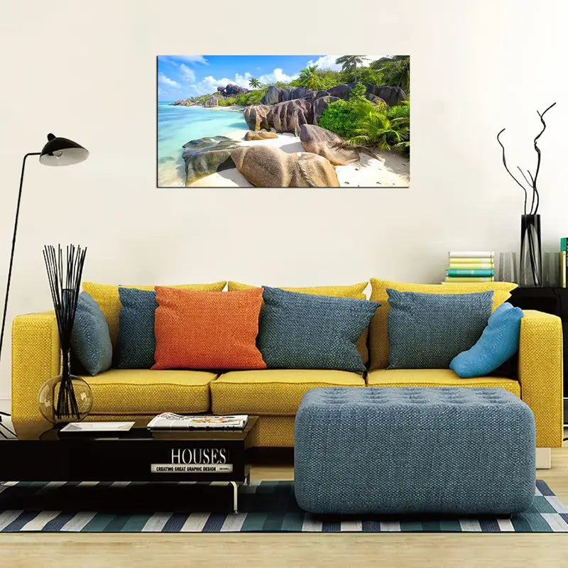 Beach Tropical Coconut Trees Sandy Shore Turquoise Waters & Lush Greenery Wall Art canvas office home room framed 120x60cm