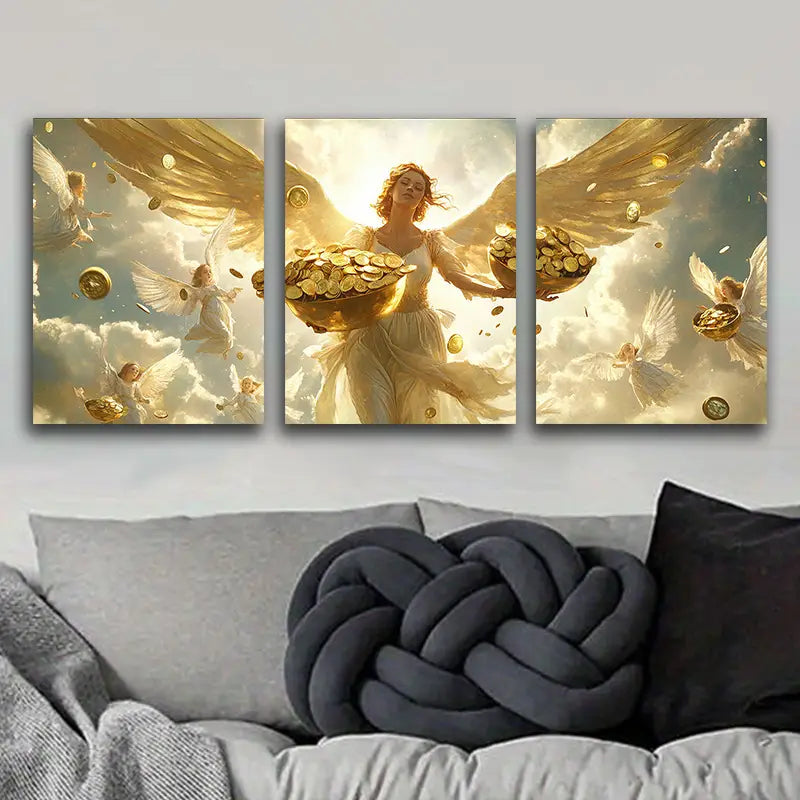 3pcs Angelic Golden Coin Design Metal Print Ready to Hang Art