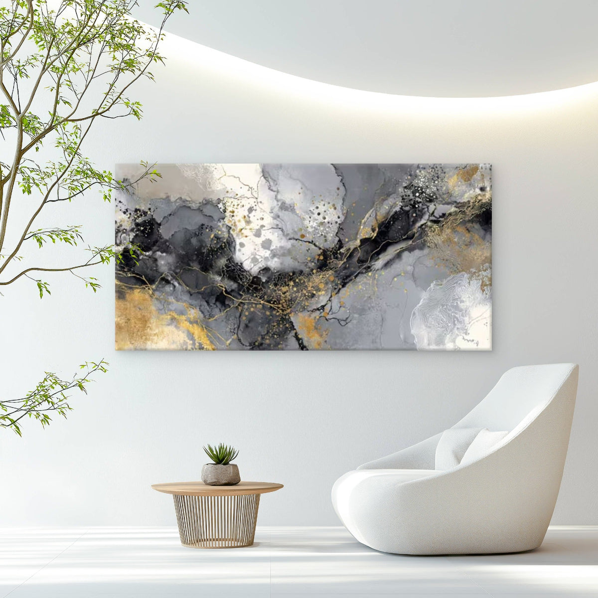 Gray Gold Abstract Waves Wall Art Canvas Office Home Room Framed 80x45cm
