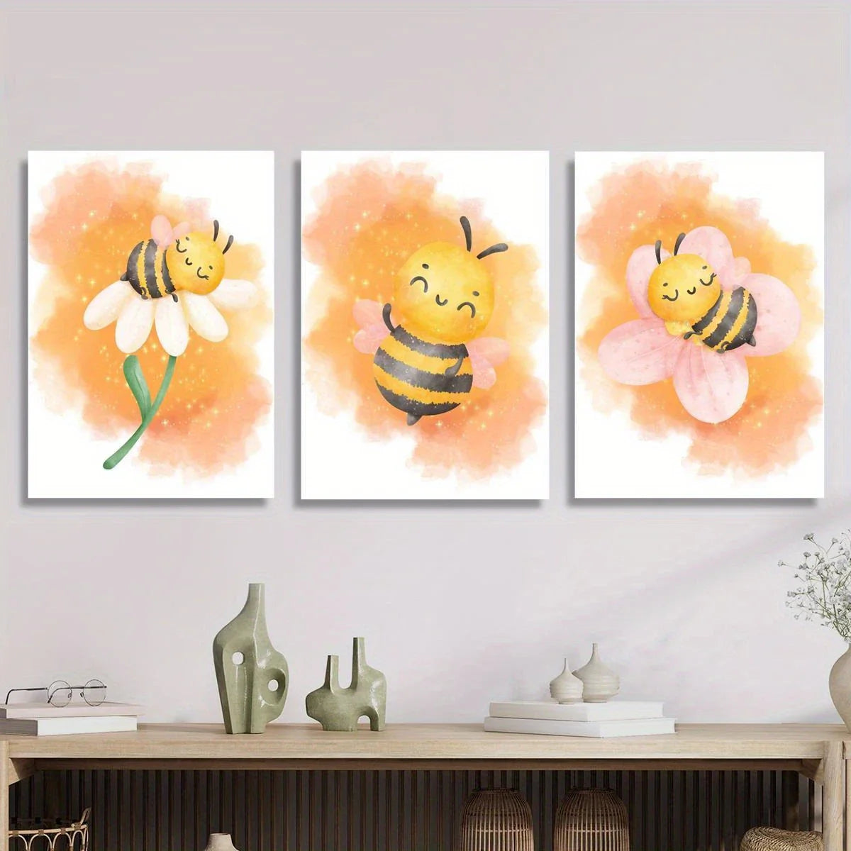 3pcs Cute Bee & Floral Watercolor Design Metal Print Ready to Hang Art