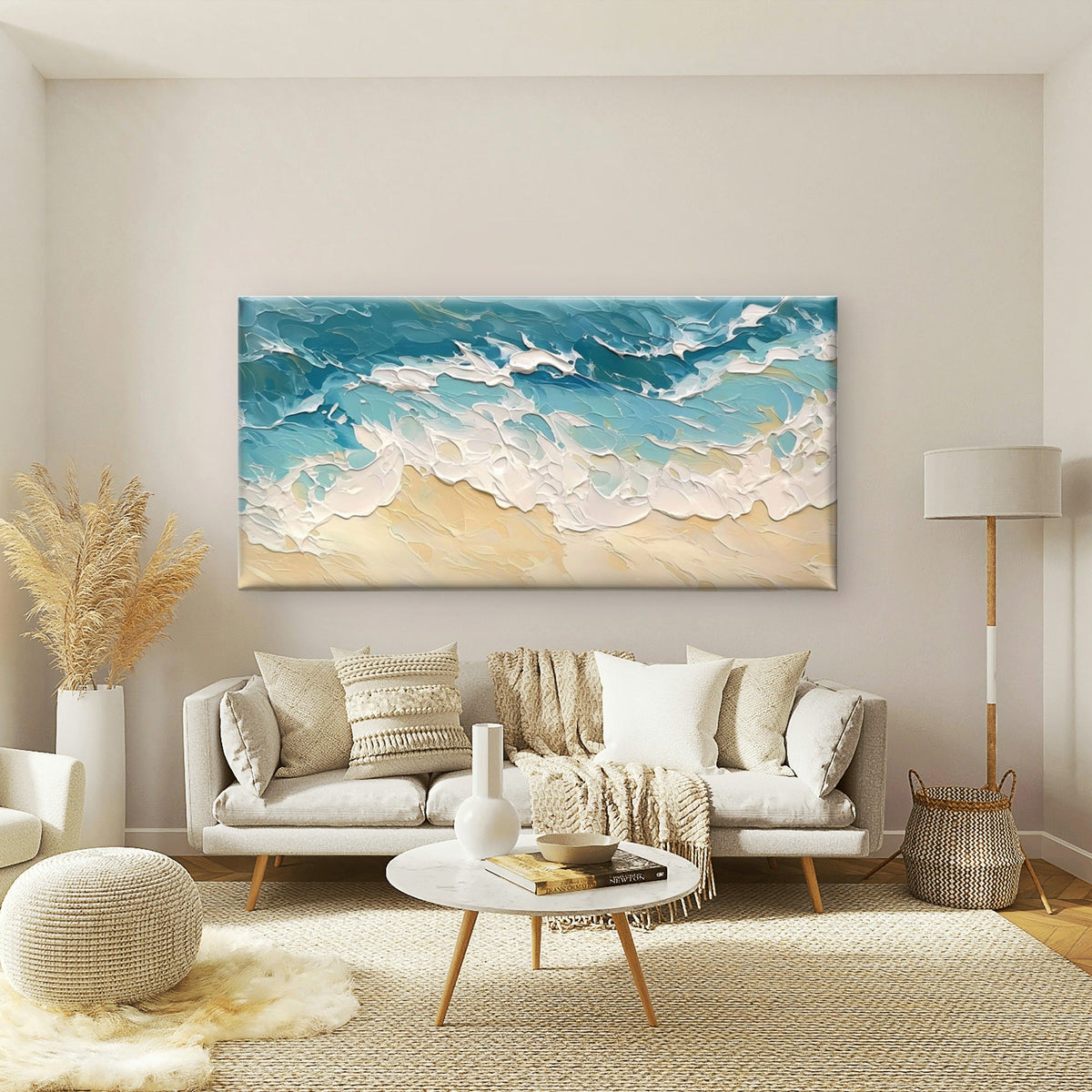 Abstract Ocean Waves On Beach Wall Art Canvas Office Home Room Framed 80x45cm