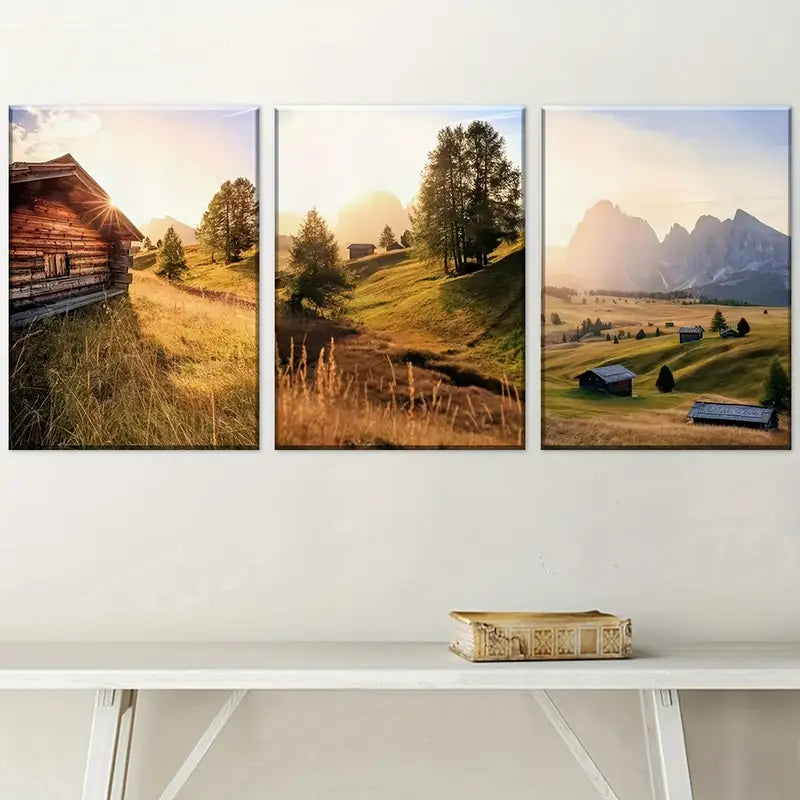 3pcs Modern Nature Plains Mountains Countryside Farmhouse Landscape Art Wall Art Set Canvas Framed 40x60cm - High Quality Print 100% Australian Made Wall Canvas Ready to Hang