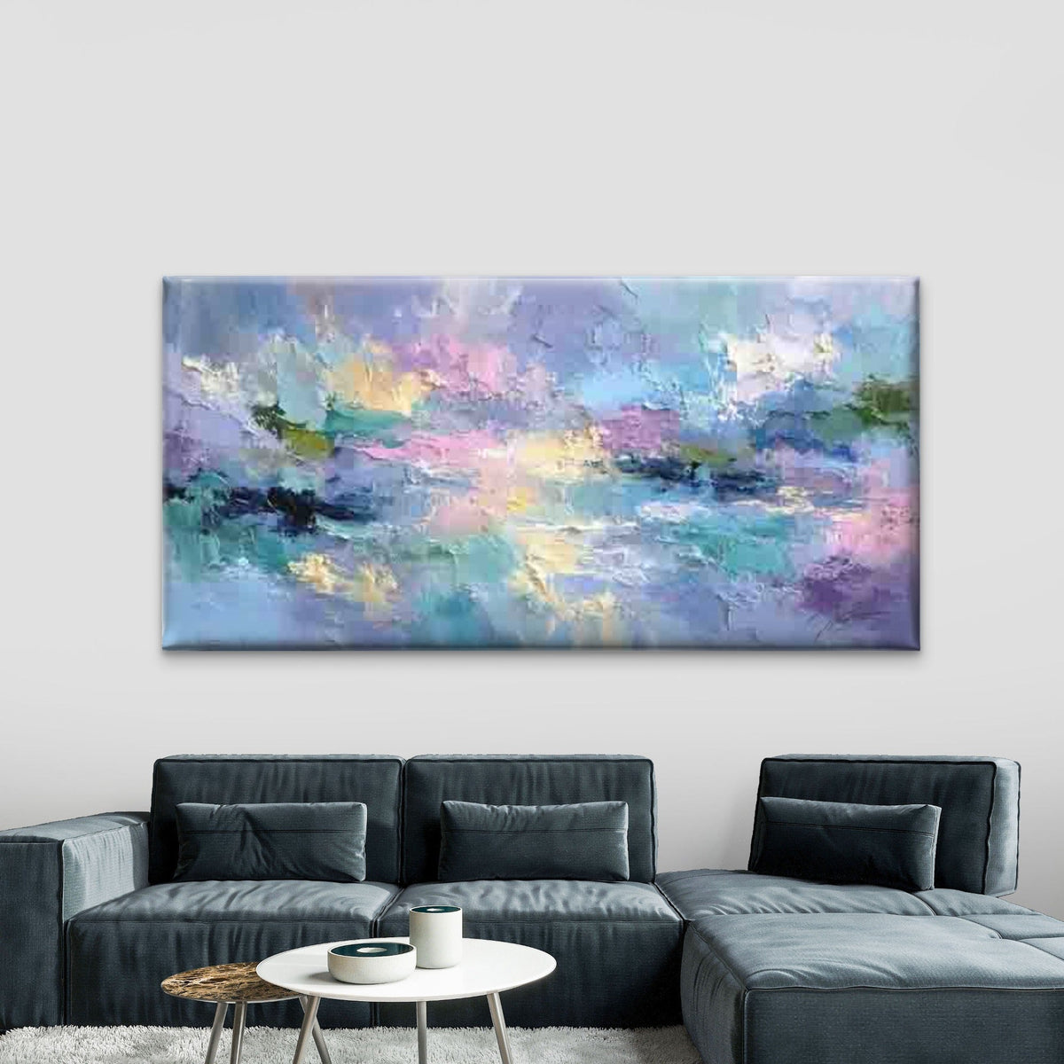Pastel Pink & Blue Abstract Wall Art Canvas Office Home Room Framed 120x60cm