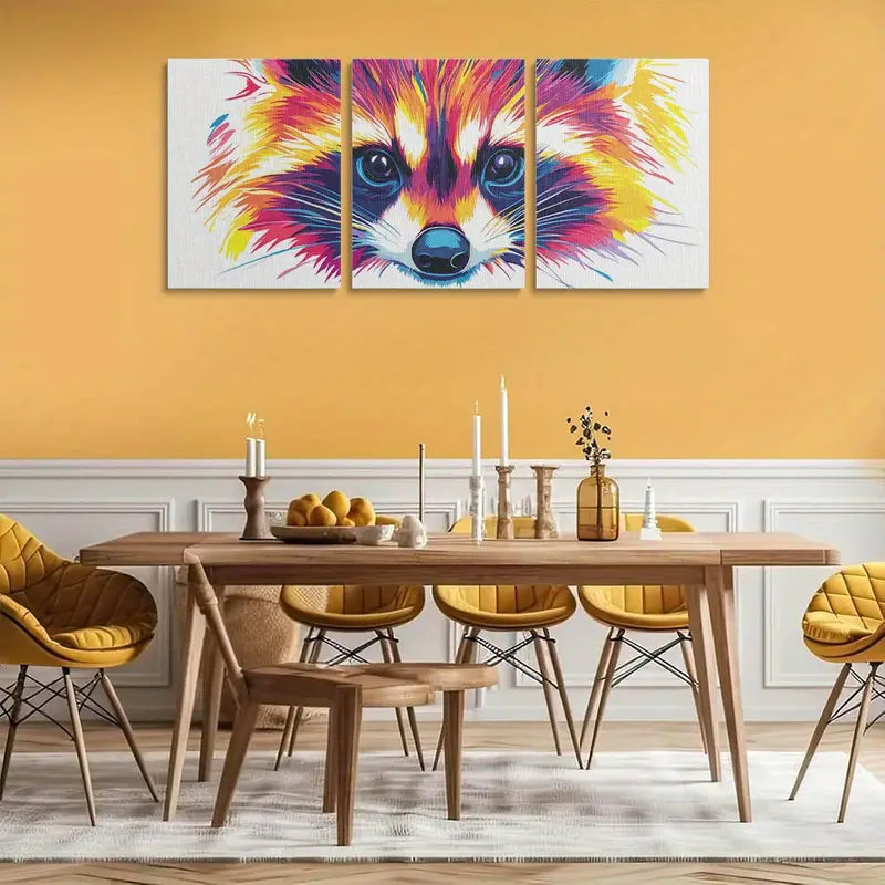 3pcs Cute Raccoon face Canvas Painting Metal Print Ready to Hang Art
