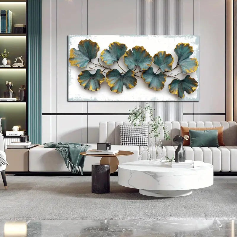Teal & White Green Leaves Wall Art canvas office home room framed 120x60cm