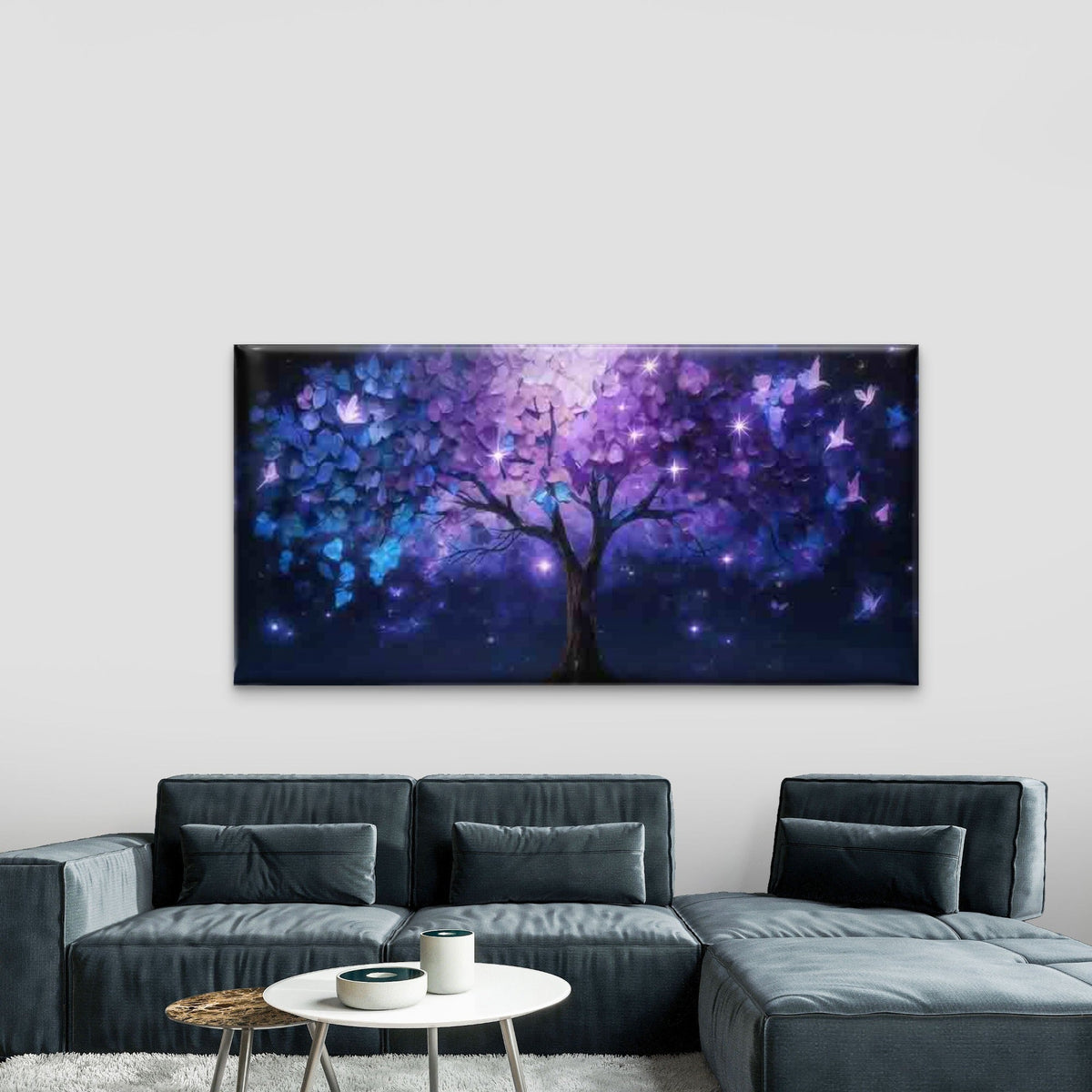 Purple Tree And Butterfly Night Wall Art Canvas Office Home Room Framed 120x60cm