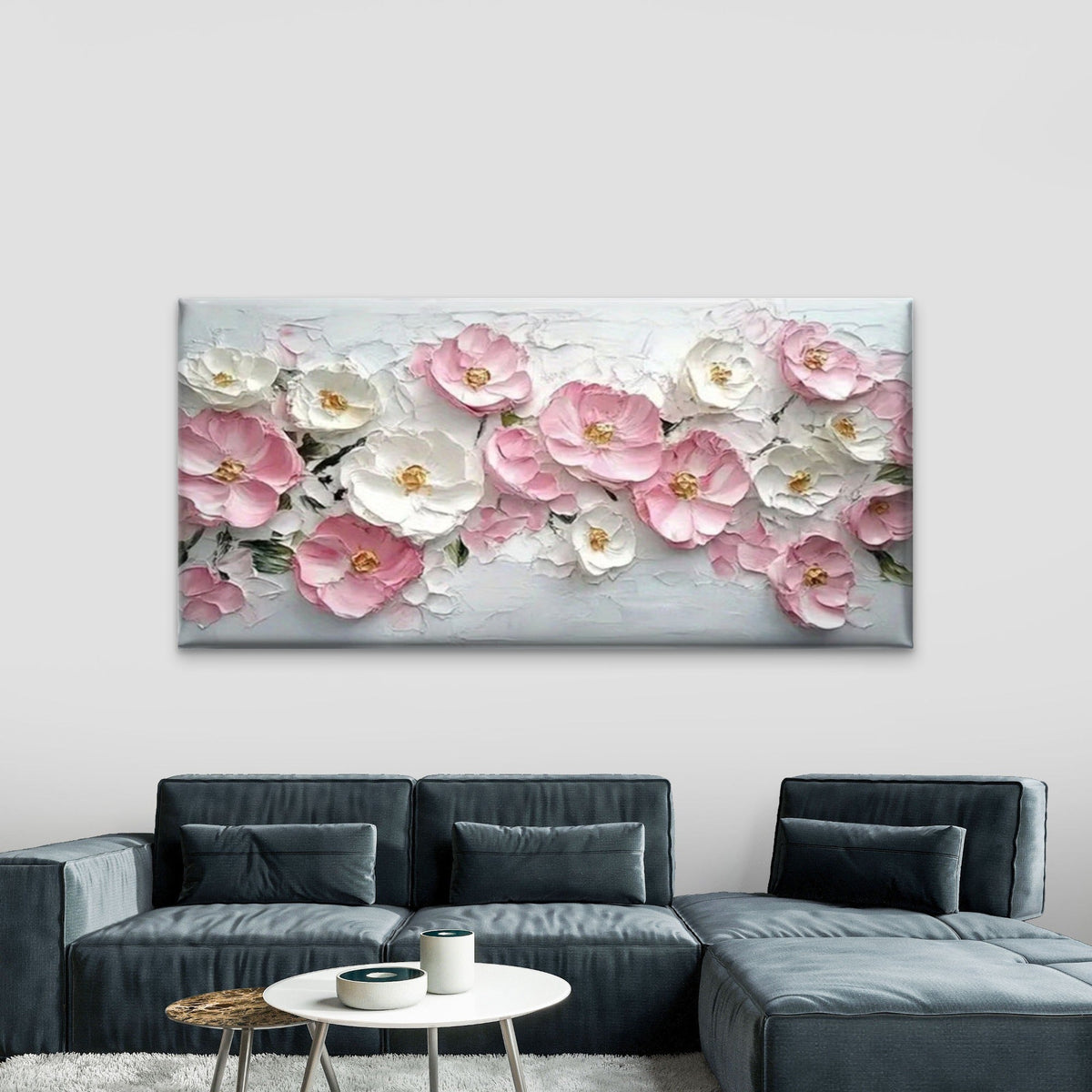 Pink & White Flower Painting Wall Art Canvas Office Home Room Framed 80x45cm