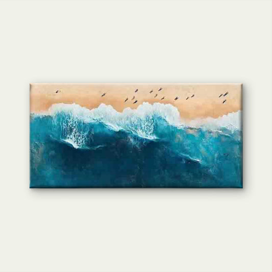 Aerial Ocean Waves Sandy Beach Wall Art Canvas Office Home Room Framed 80x45cm