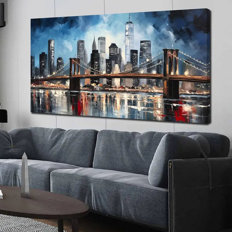 Modern City Skyline Bridge Blue & Gray Urban Wall Art canvas office home room framed 120x60cm