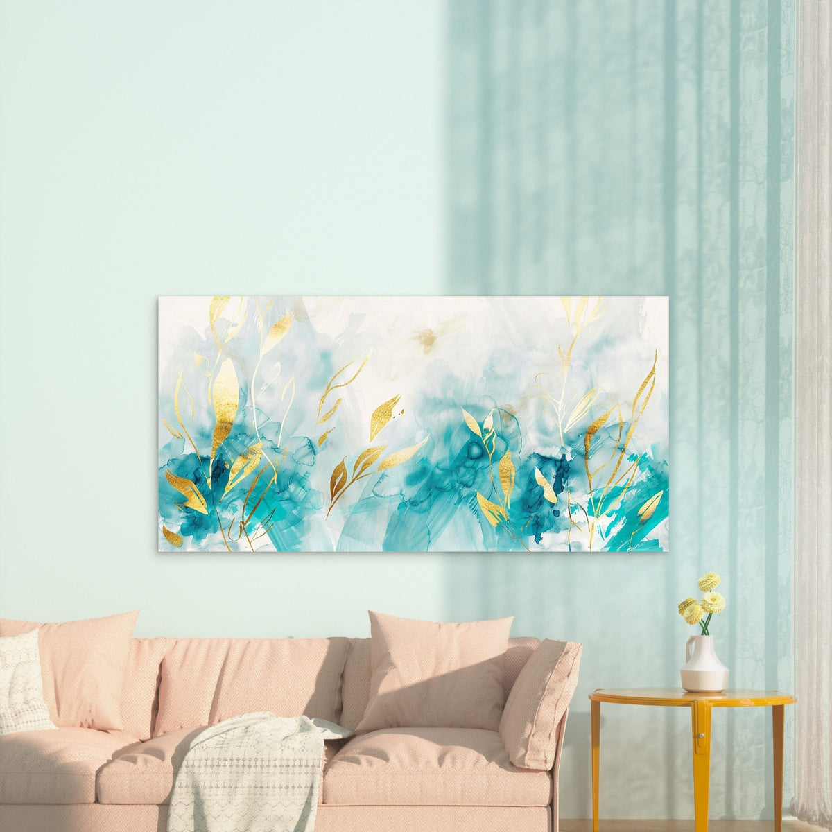 Teal Currents Gilded Leaves Wall Art Canvas Office Home Room Framed 120x60cm