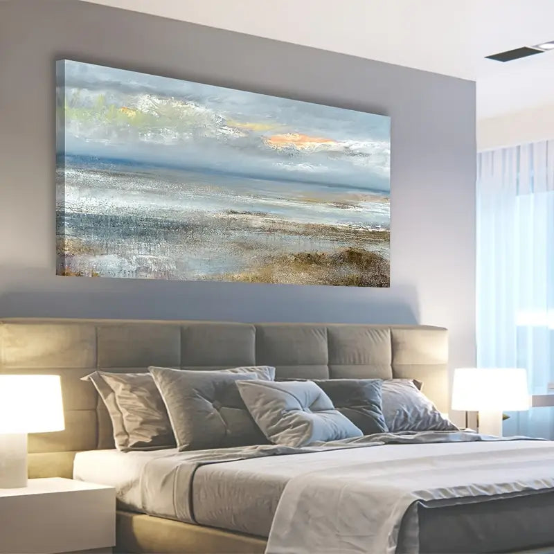 Abstract Blue Ocean Modern Coastal Wall Art canvas office home room framed 120x60cm