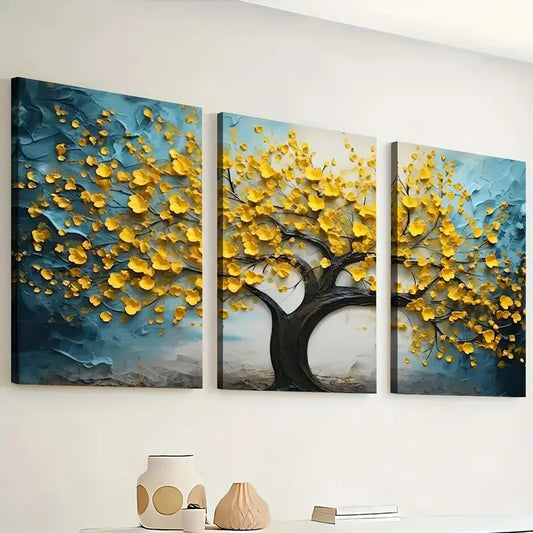 3pcs Ready to Hanging, Art Style Modern Abstract Trees Golden Flower Wall Art Set Canvas Framed 40x60cm - High Quality Print 100% Australian Made Wall Canvas Ready to Hang