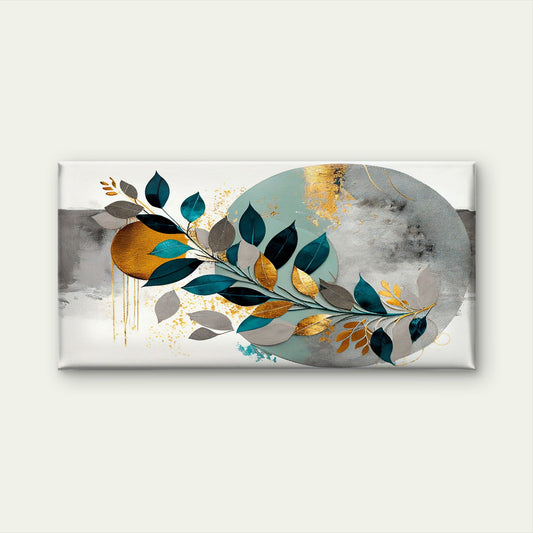 Modern Abstract Teal Gold Leaves Wall Art Canvas Office Home Framed 80x45cm