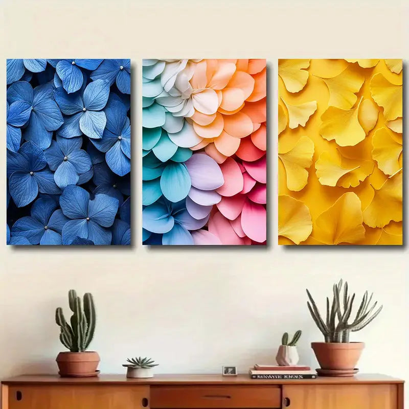 3pcs Beautiful Hydrangea and Petal Design Metal Print Ready to Hang Art