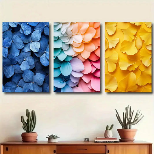 3pcs Beautiful Hydrangea and Petal Design Metal Print Ready to Hang Art